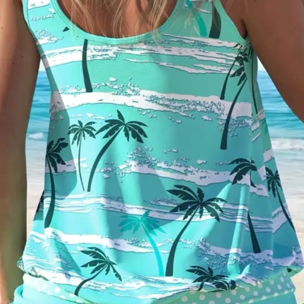 Women's Palm Tree Print Tankini Swim Set - Blue - Picture 4 of 5